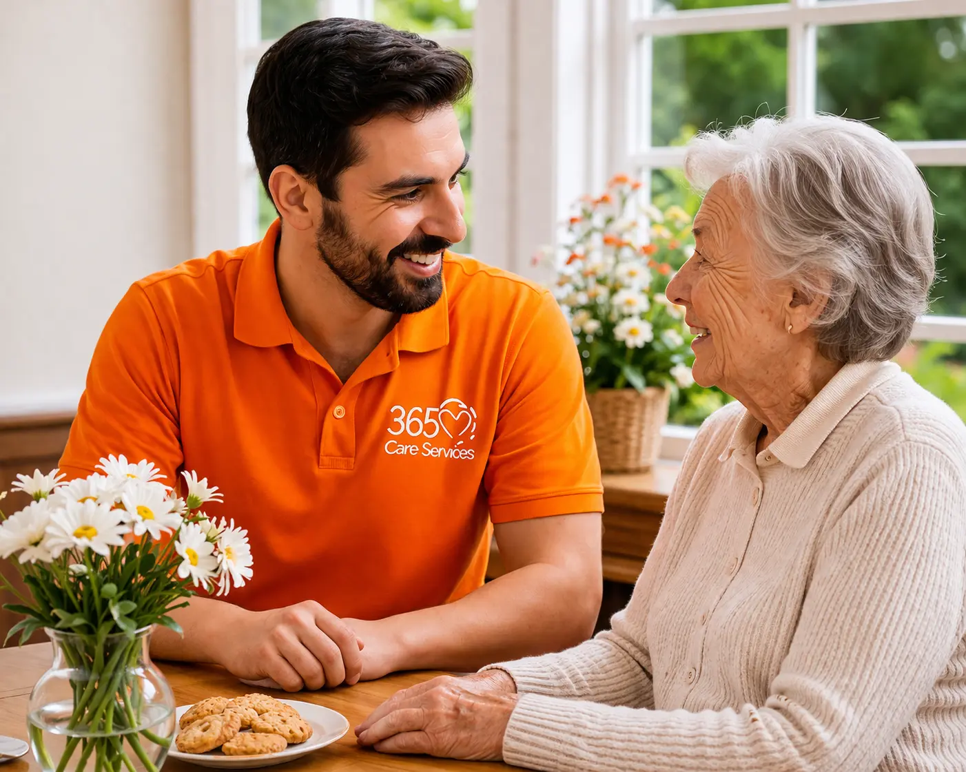 Companion care service in Melbourne, carer sharing a warm moment with a client during a home visit